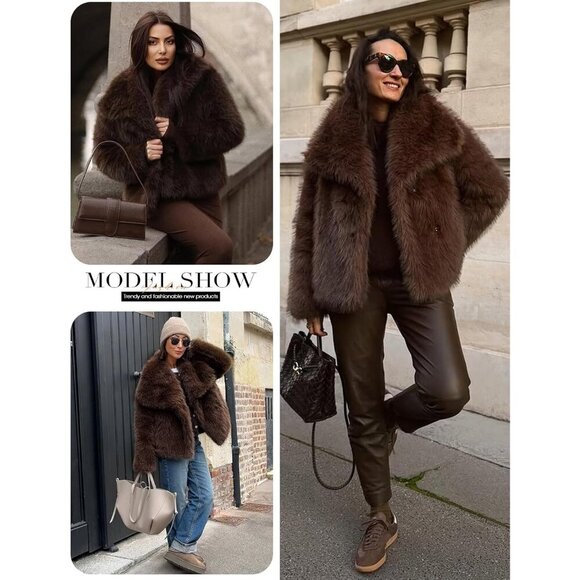 Womens Coffee Faux Fur Coat Shaggy Fluffy Jacket Long Sleeve Warm Winter Outwear - Picture 7 of 7
